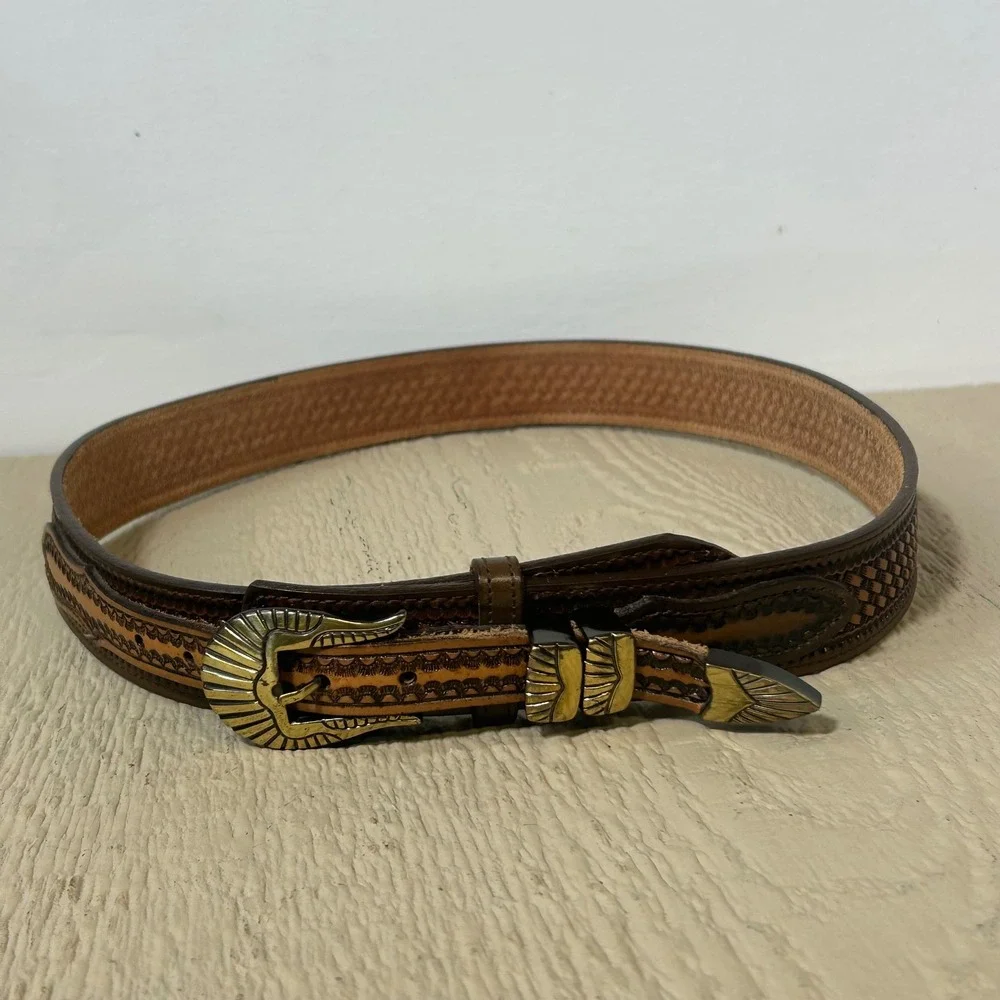 Vintage 90's Nocona Western Belt 36 Womens Brown Tooled Basketweave Gold Buckle